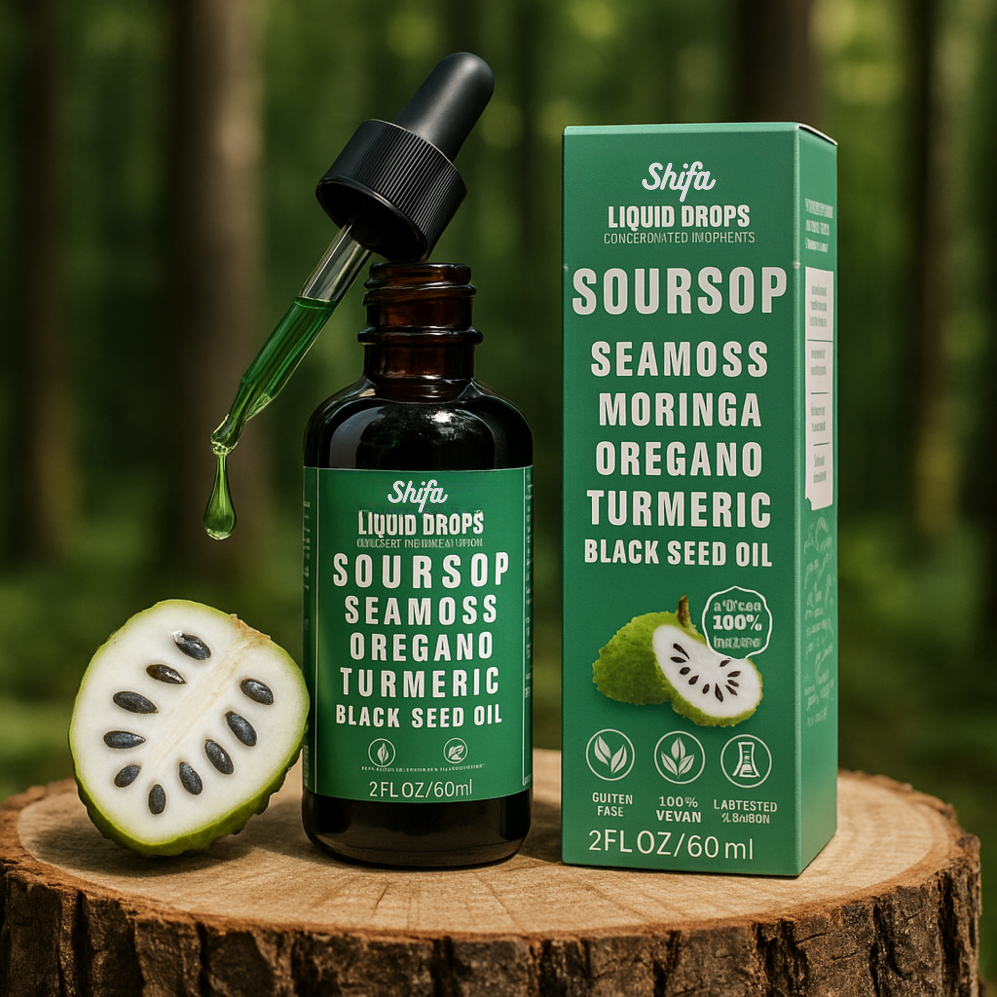 Bottle and box of Shifa Liquid Drops with a soursop fruit on a wooden stump.